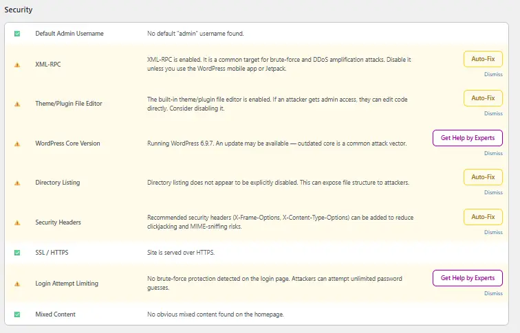 WP Site Optimizer security checkup dashboard showing WordPress vulnerability scan results